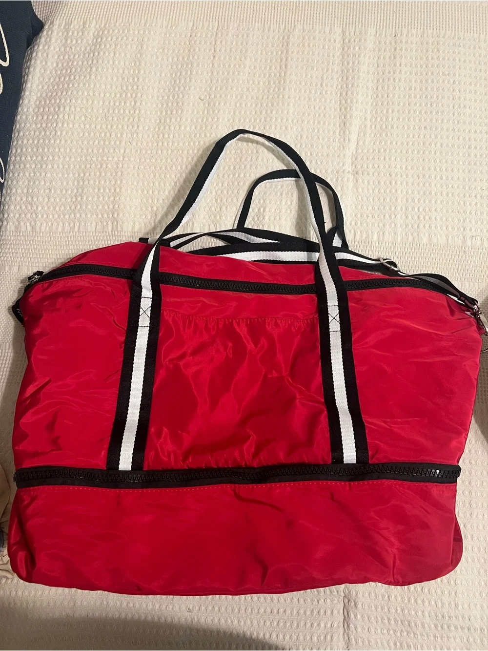 Red Duffel Tote Bag with Striped Handles